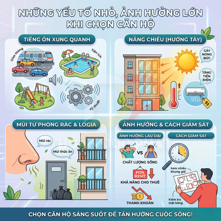 Infographic các yếu tố nhỏ ảnh hưởng lớn khi chọn căn hộ như tiếng ồn, nắng chiếu, mùi rác và cách giám sát