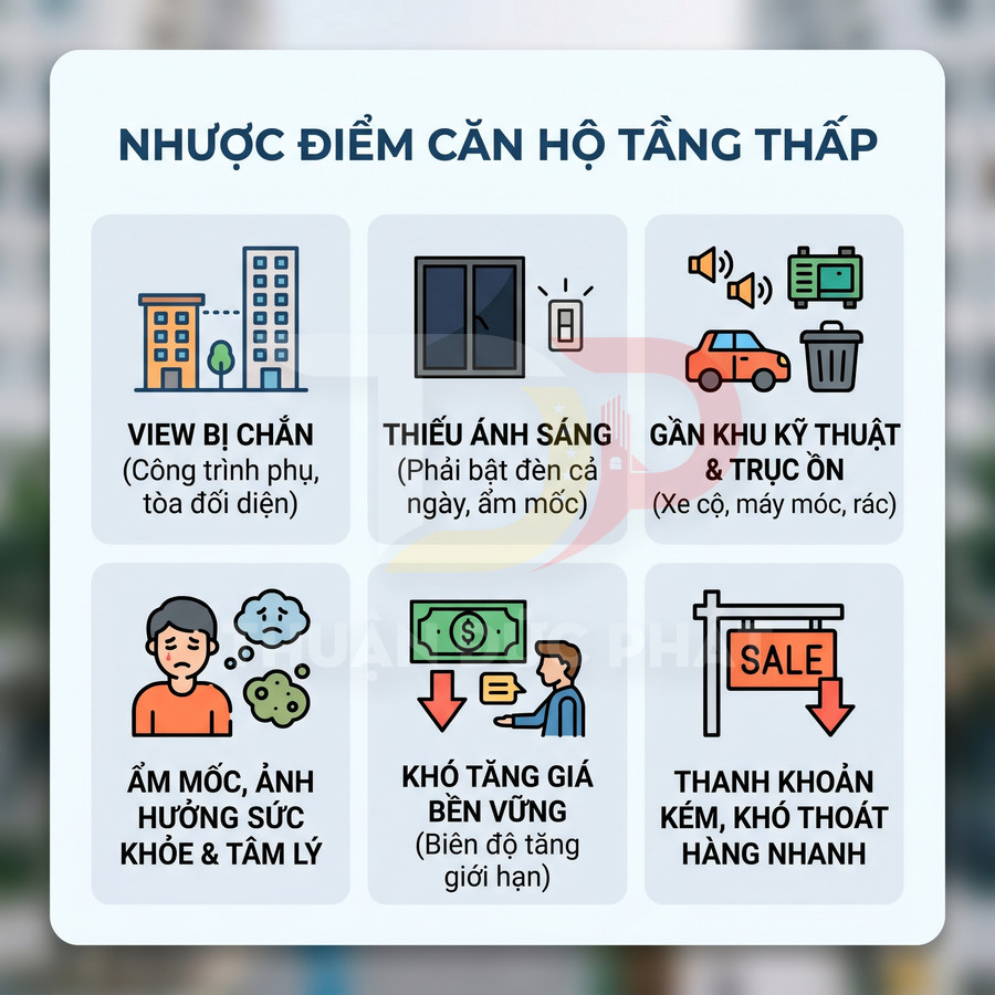 Infographic liệt kê các nhược điểm khi mua căn hộ tầng thấp như thiếu ánh sáng, ẩm mốc, ồn ào và khó tăng giá