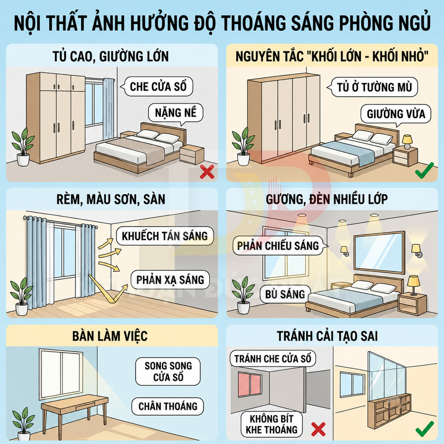 Minh họa bố trí nội thất phòng ngủ tối ưu ánh sáng với tủ, giường, rèm, gương, đèn và bàn làm việc