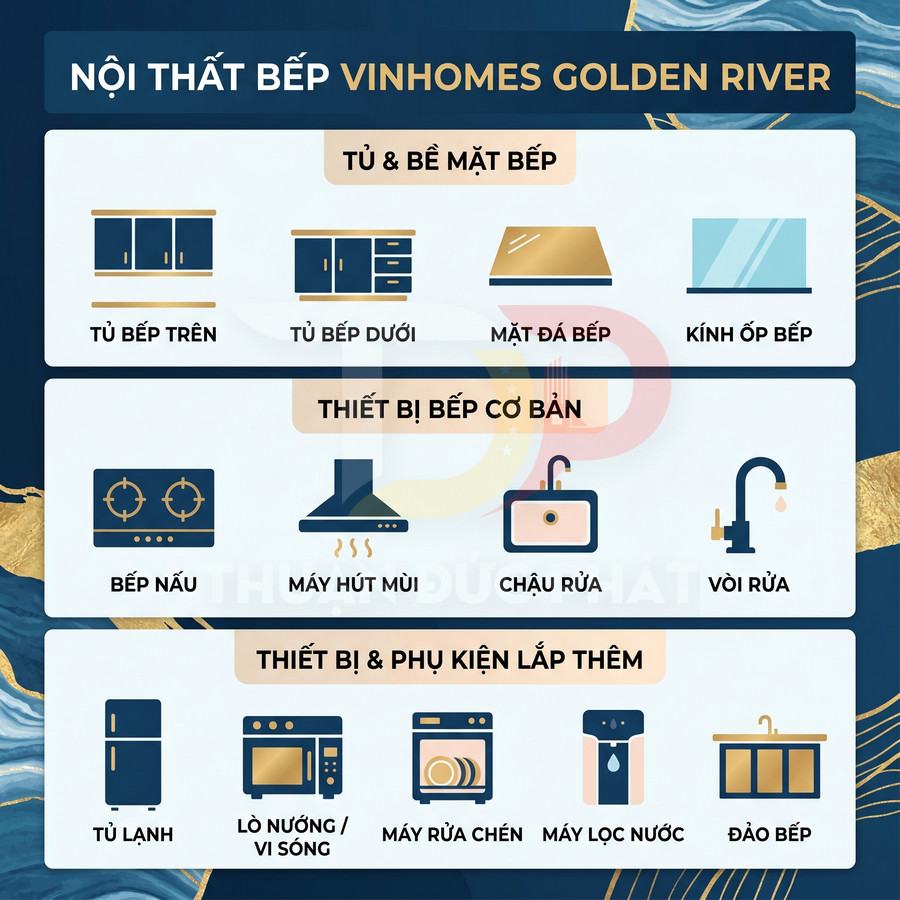 Danh sách nội thất bếp Vinhomes Golden River gồm tủ bếp, mặt đá, kính ốp, bếp nấu, máy hút mùi, chậu rửa, tủ lạnh, máy rửa chén