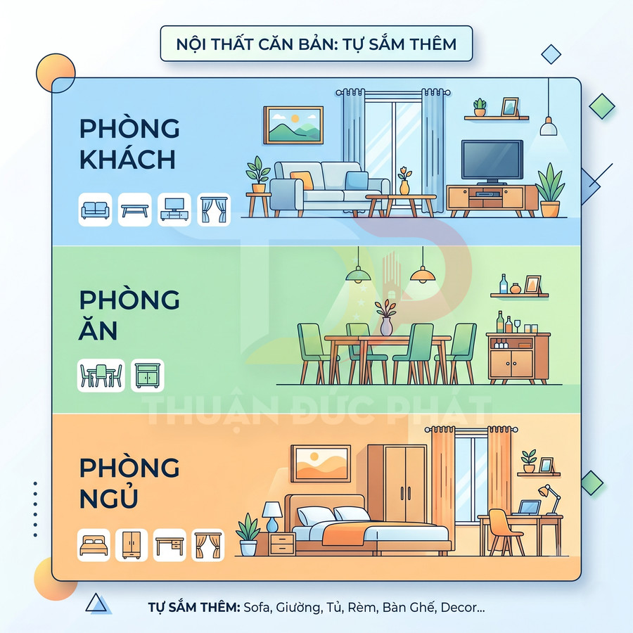 Minh họa nội thất căn hộ với phòng khách, phòng ăn và phòng ngủ đầy đủ sofa, bàn ghế, giường, tủ, rèm và decor