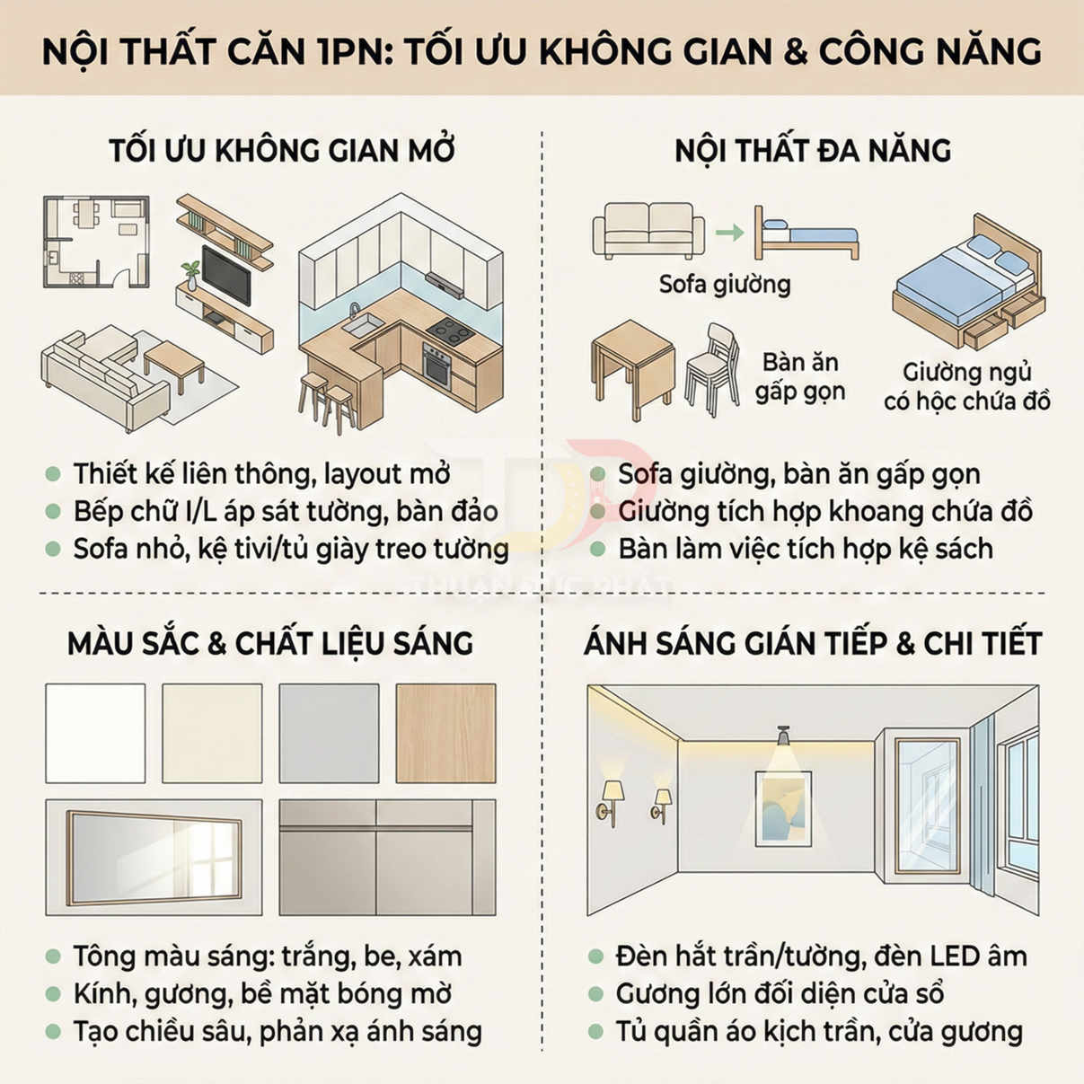Infographic mẹo thiết kế nội thất căn hộ 1 phòng ngủ tối ưu không gian, nội thất đa năng, màu sáng và ánh sáng gián tiếp