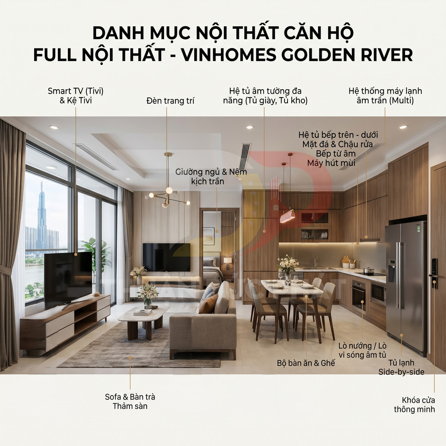 Nội thất căn hộ Vinhomes Golden River full đồ với phòng khách liền bếp hiện đại, sofa, tivi, bàn ăn và bếp gỗ cao cấp