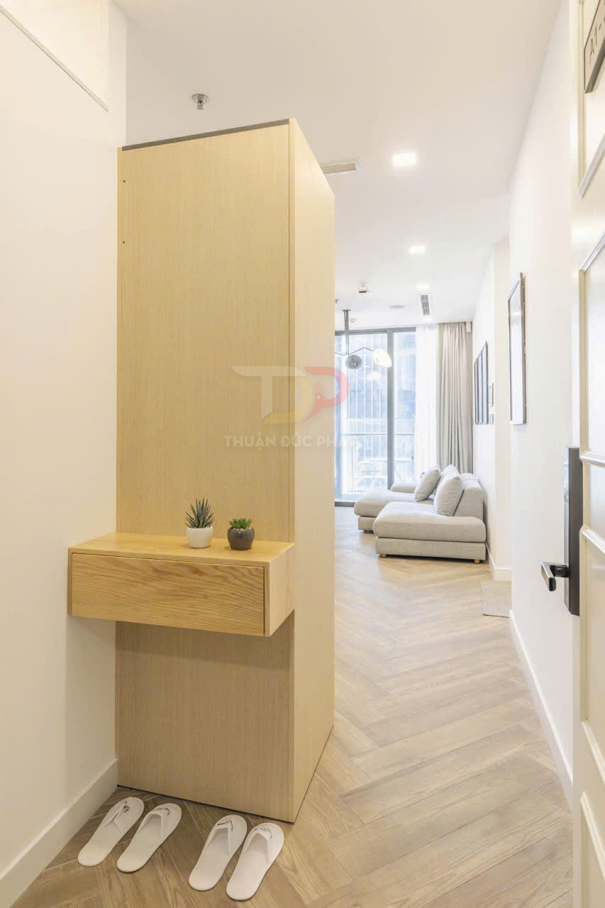 Tủ gỗ nhỏ đặt sảnh căn hộ với ngăn kéo, chậu cây trang trí và dép đi trong nhà trên sàn gỗ