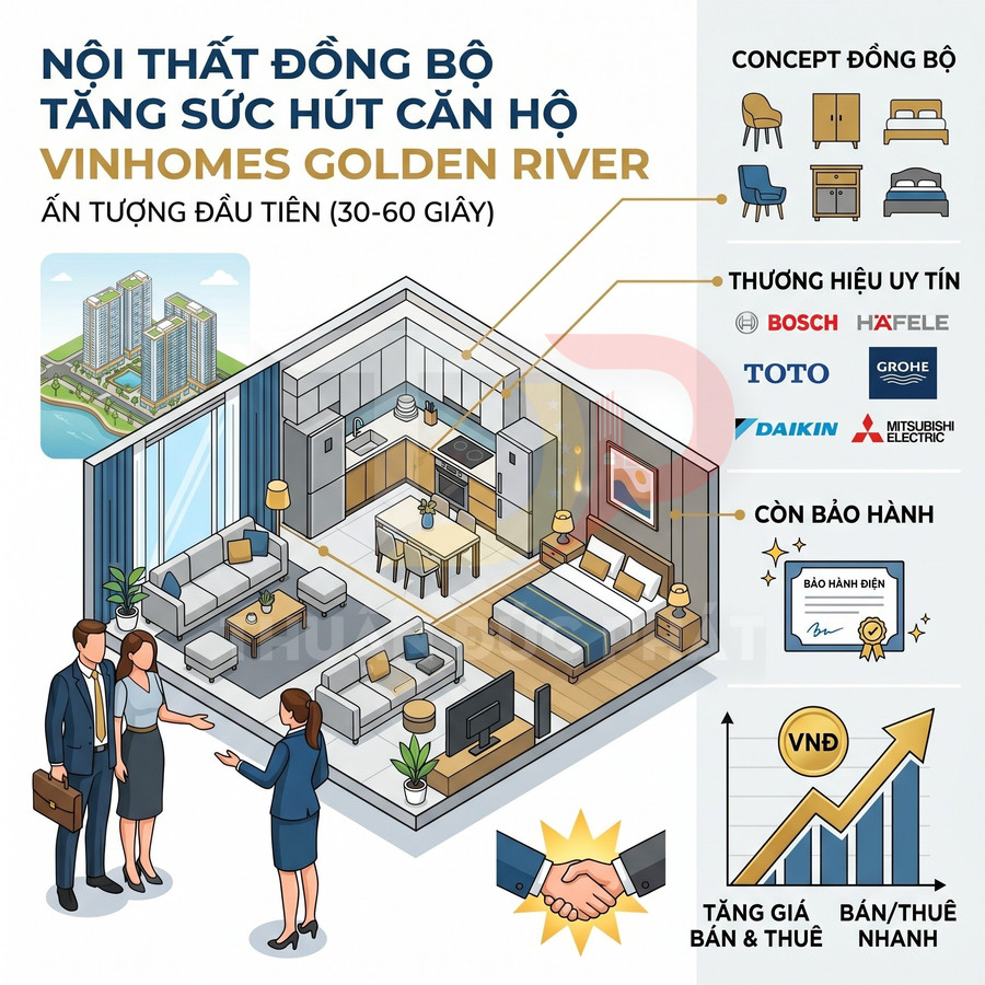 Thiết kế nội thất đồng bộ căn hộ Vinhomes Golden River với phòng khách, bếp, phòng ngủ và thương hiệu Bosch, Hafele, Toto