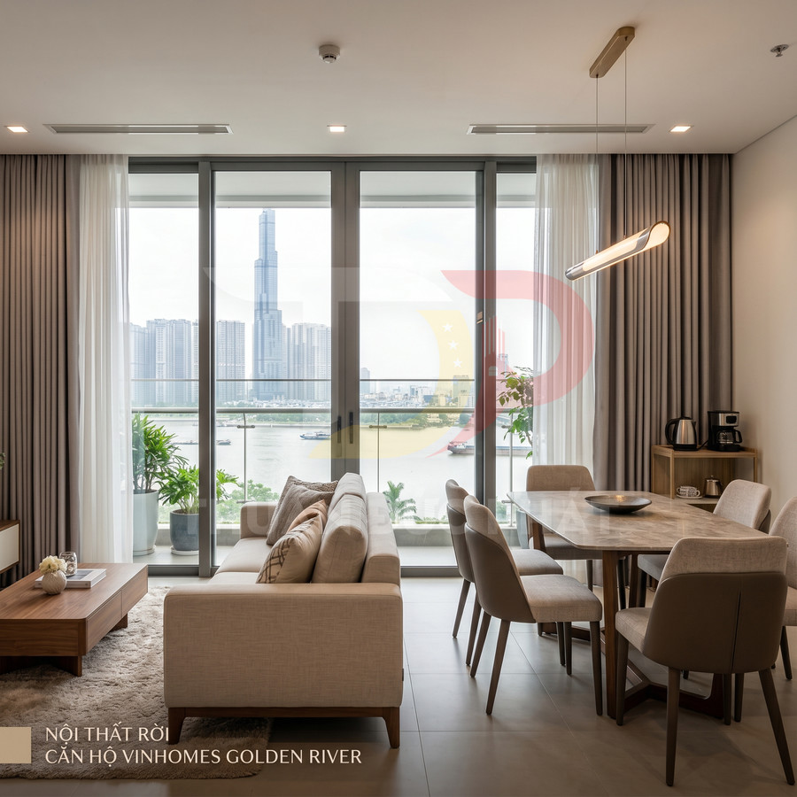 Nội thất phòng khách và bàn ăn hiện đại căn hộ Vinhomes Golden River view sông và Landmark 81