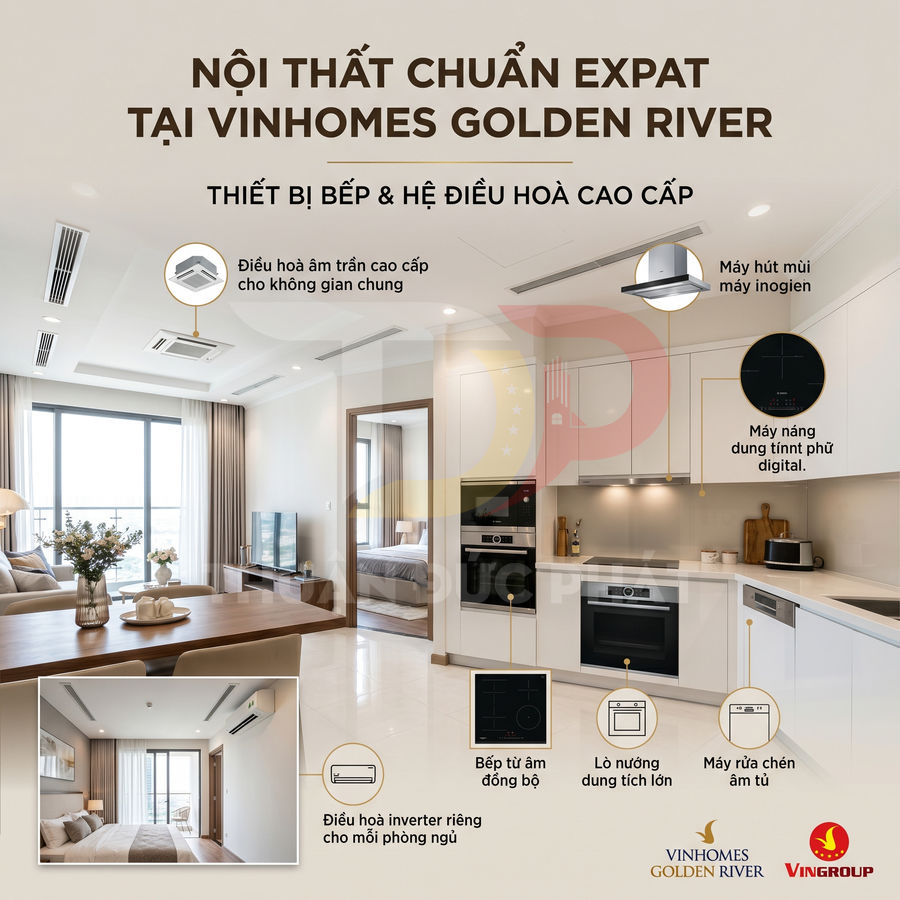 Nội thất căn hộ Vinhomes Golden River với bếp âm tủ, lò nướng, máy rửa chén và điều hòa âm trần cao cấp