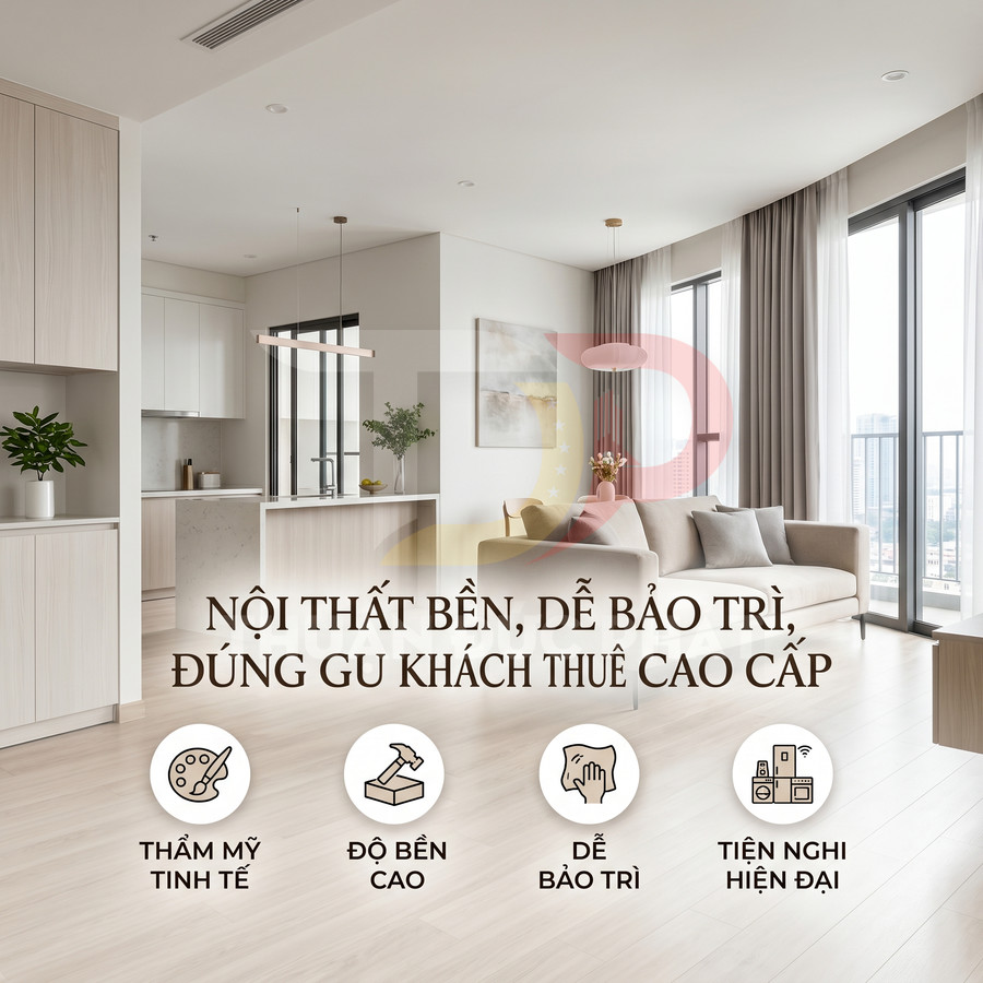 Phòng khách và bếp chung cư nội thất gỗ sáng, sofa be, cửa kính lớn, sàn dễ vệ sinh cho khách thuê cao cấp