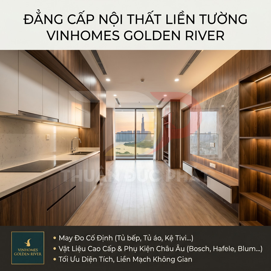 Nội thất liền tường cao cấp căn hộ Vinhomes Golden River với tủ bếp, kệ tivi và kệ gỗ hiện đại