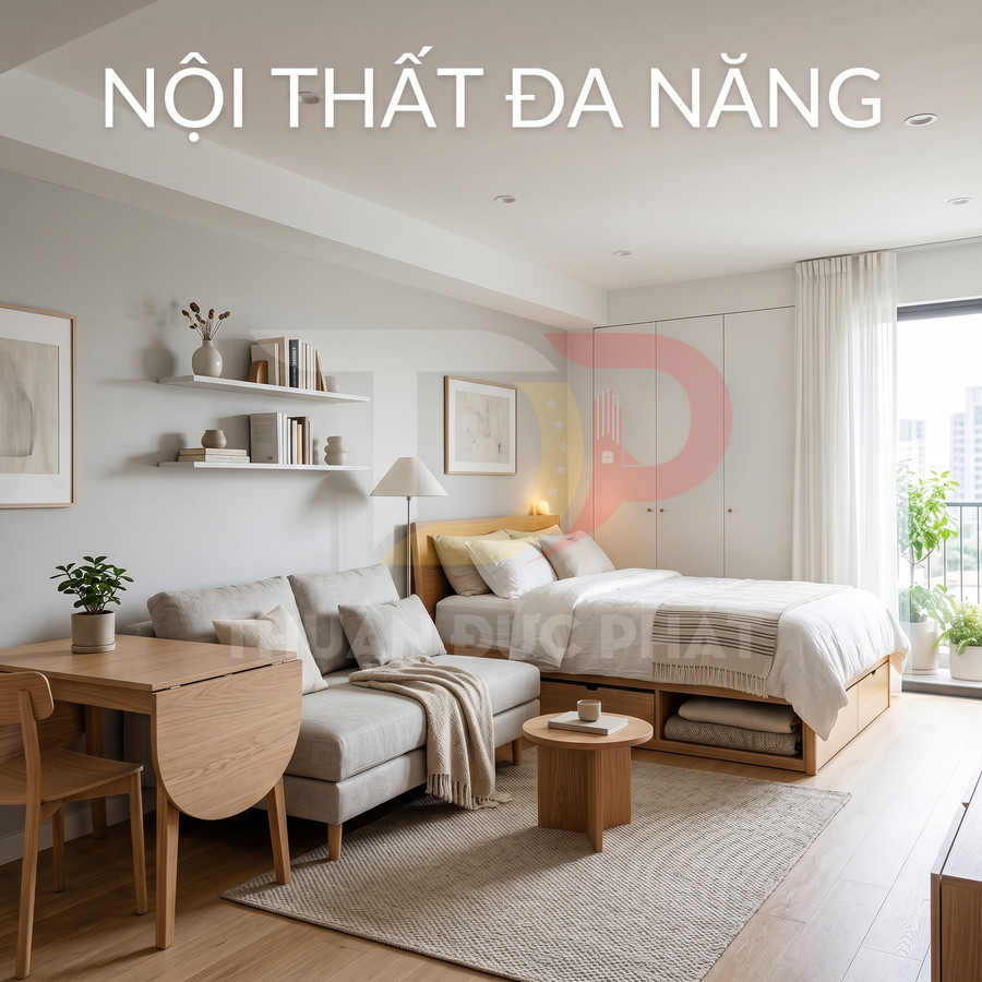 Phòng ngủ chung cư với nội thất đa năng gồm giường gỗ có ngăn kéo, sofa, bàn ăn gấp và bàn trà nhỏ