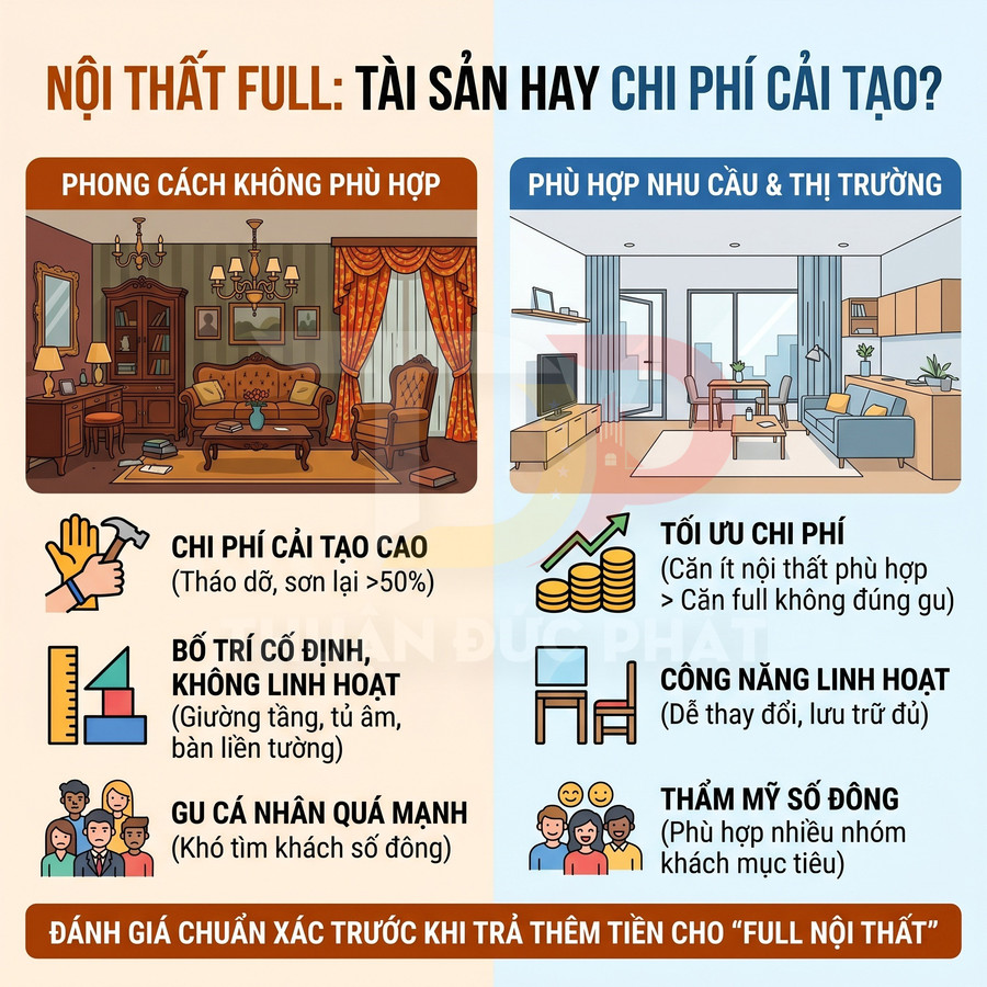 So sánh nội thất full phong cách cổ điển và hiện đại, phân tích chi phí cải tạo và tính linh hoạt sử dụng