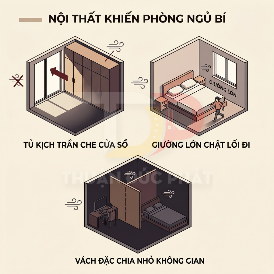 Minh họa các kiểu nội thất phòng ngủ bí bách như tủ kịch trần che cửa sổ, giường lớn chật lối đi, vách đặc chia nhỏ không gian
