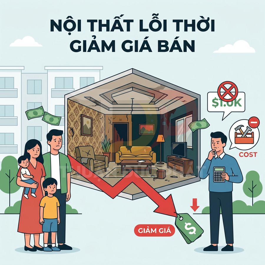 Nội thất căn hộ cũ lỗi thời khiến chủ nhà buộc phải giảm giá bán để thu hút người mua