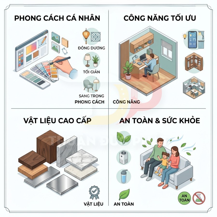 Infographic nội thất thể hiện phong cách cá nhân, công năng tối ưu, vật liệu cao cấp và an toàn sức khỏe cho gia đình