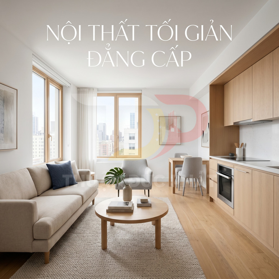 Phòng khách căn hộ với nội thất gỗ tối giản, sofa kem và bàn trà tròn hiện đại liền bếp tiện nghi