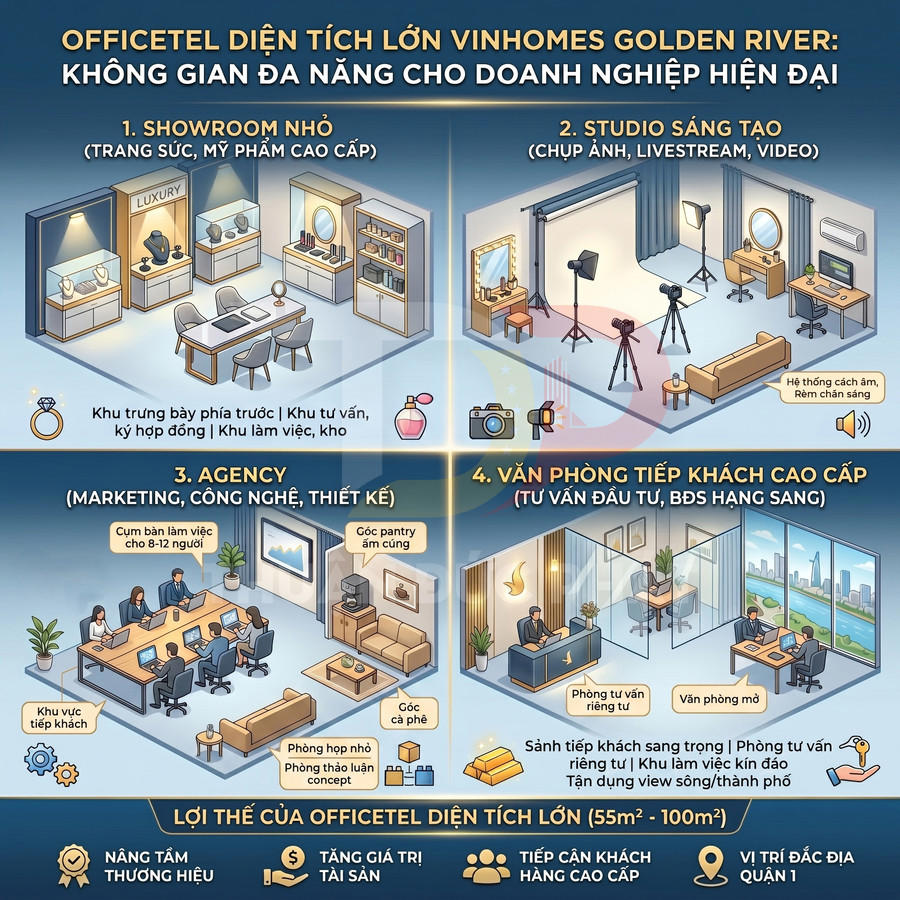 Infographic officetel diện tích lớn Vinhomes Golden River với 4 mô hình văn phòng, showroom và studio sáng tạo hiện đại