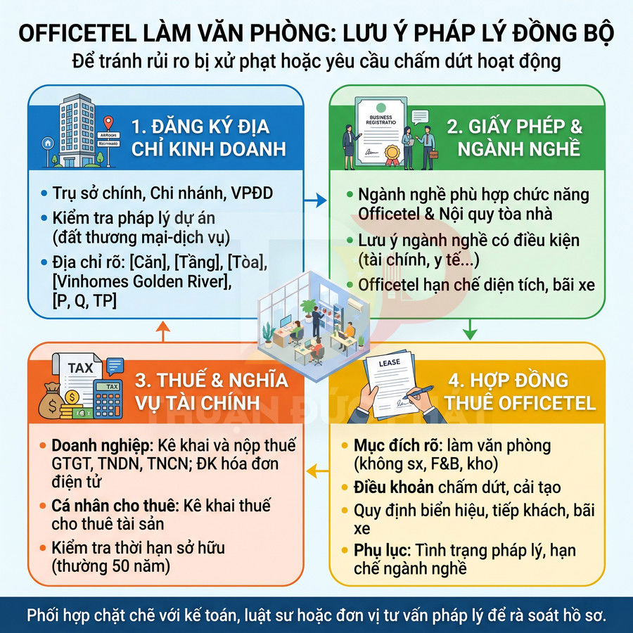 Infographic lưu ý pháp lý khi dùng officetel làm văn phòng về đăng ký kinh doanh, giấy phép, thuế và hợp đồng thuê