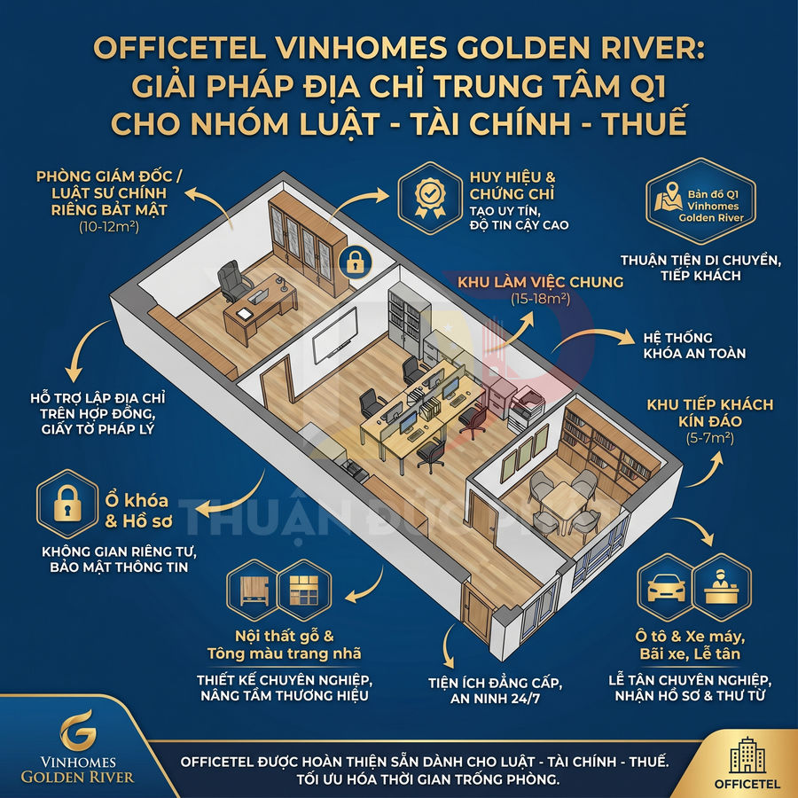 Mặt bằng officetel Vinhomes Golden River thiết kế nội thất gỗ, khu làm việc chung và phòng tiếp khách kín đáo