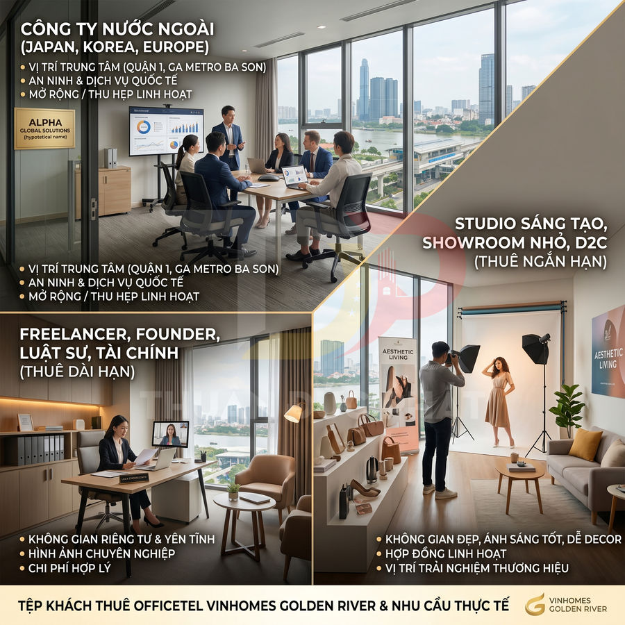 Văn phòng officetel Vinhomes Golden River hiện đại, nhiều loại hình khách thuê và không gian làm việc sáng đẹp, view sông Sài Gòn