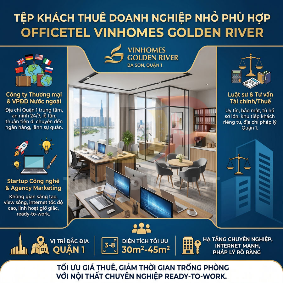 Officetel Vinhomes Golden River với không gian văn phòng hiện đại, nội thất đầy đủ, view sông và trung tâm Quận 1