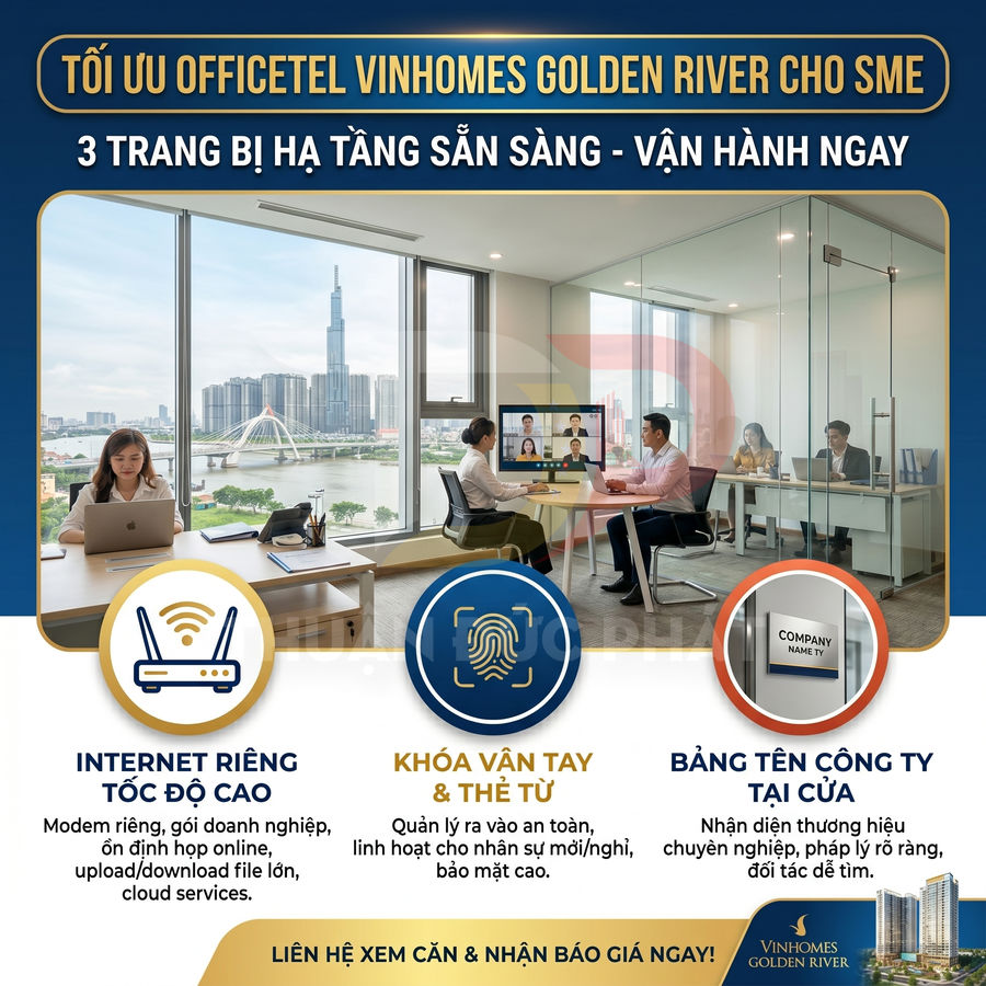 Văn phòng officetel Vinhomes Golden River hiện đại cho SME với internet riêng, khóa vân tay và bảng tên công ty