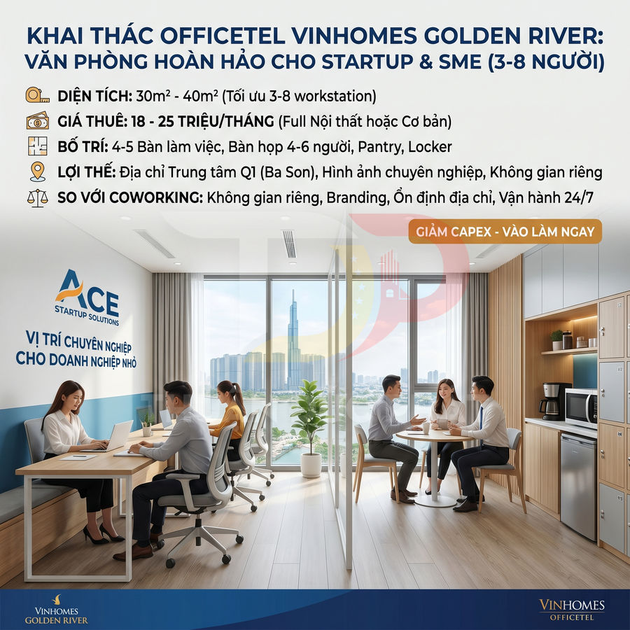 Văn phòng officetel Vinhomes Golden River hiện đại cho startup SME với không gian làm việc và pantry tiện nghi