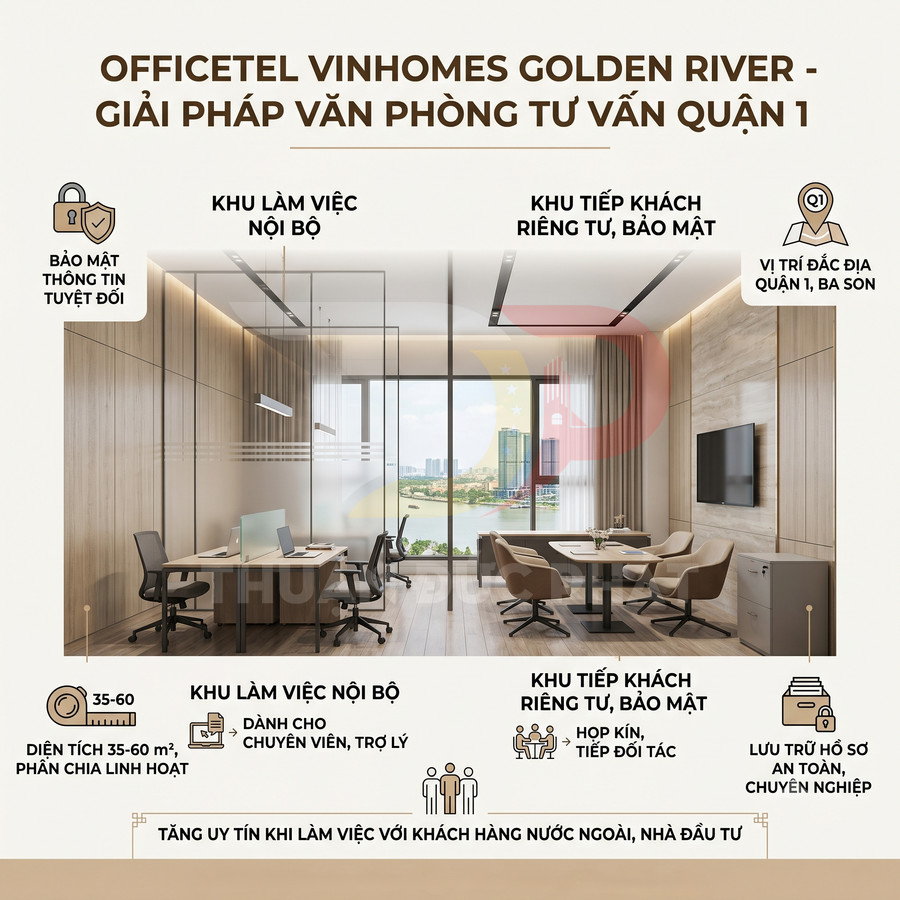Văn phòng officetel Vinhomes Golden River hiện đại với khu làm việc nội bộ và phòng tiếp khách riêng tư, view sông thoáng rộng