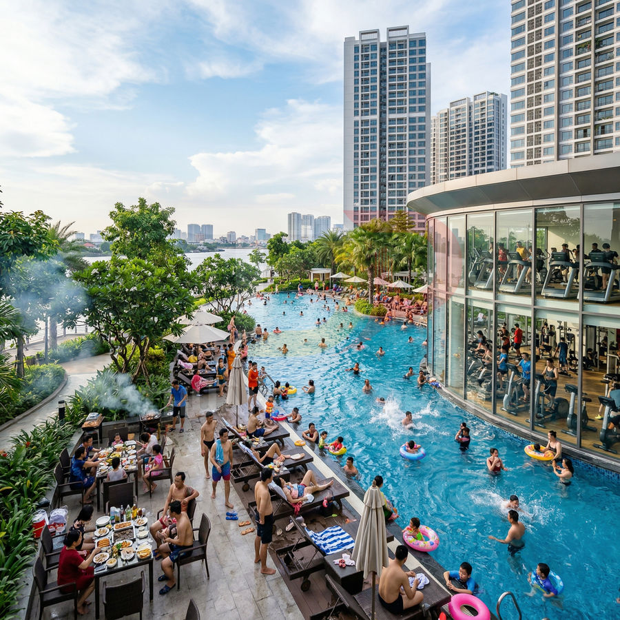 Hồ bơi ngoài trời đông người tắm và thư giãn tại khu căn hộ cao cấp cạnh phòng gym kính