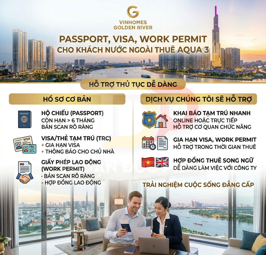 Banner Vinhomes Golden River giới thiệu dịch vụ hỗ trợ passport visa work permit cho khách nước ngoài thuê căn hộ Aqua 3