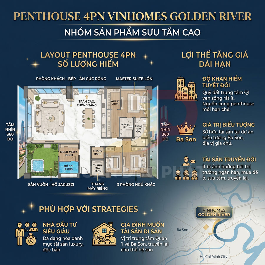 Mặt bằng penthouse 4 phòng ngủ Vinhomes Golden River với sân vườn, hồ bơi riêng và tầm nhìn 360 độ