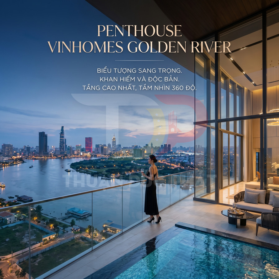 Penthouse Vinhomes Golden River sang trọng với hồ bơi riêng và view toàn cảnh sông Sài Gòn ban đêm