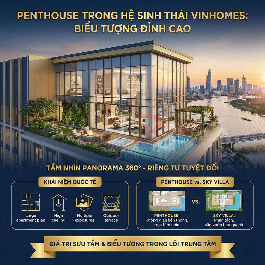 Penthouse Vinhomes sang trọng với hồ bơi riêng, sân vườn và tầm nhìn toàn cảnh sông và thành phố