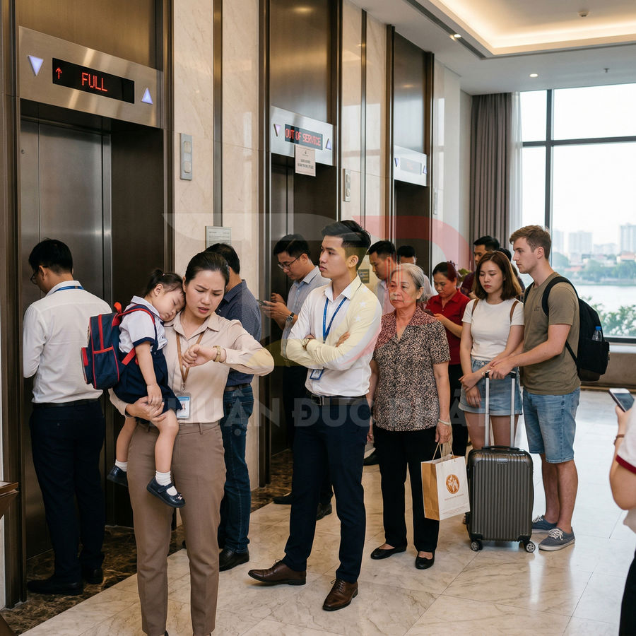 Người dân xếp hàng chờ thang máy trong tòa nhà, một số thang báo đầy và ngừng hoạt động