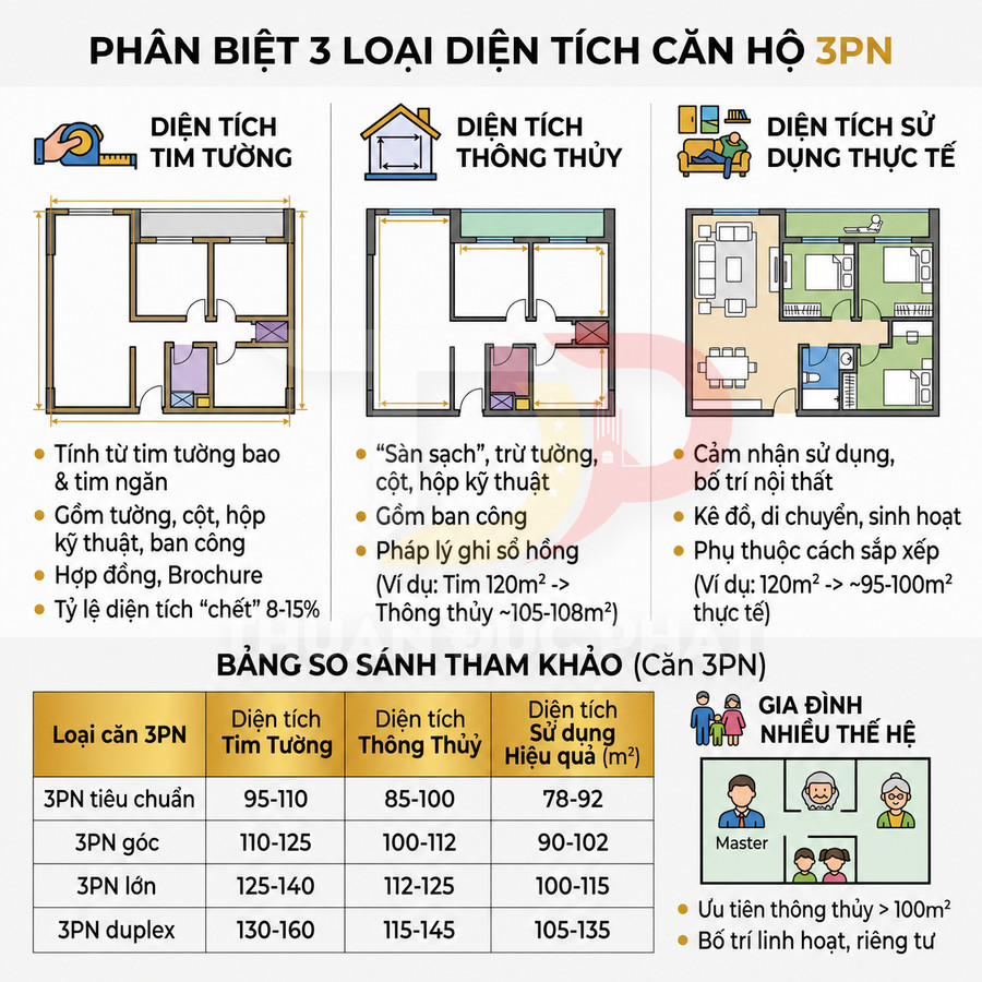 So sánh diện tích tim tường, diện tích thông thủy và diện tích sử dụng thực tế cho căn hộ 3 phòng ngủ