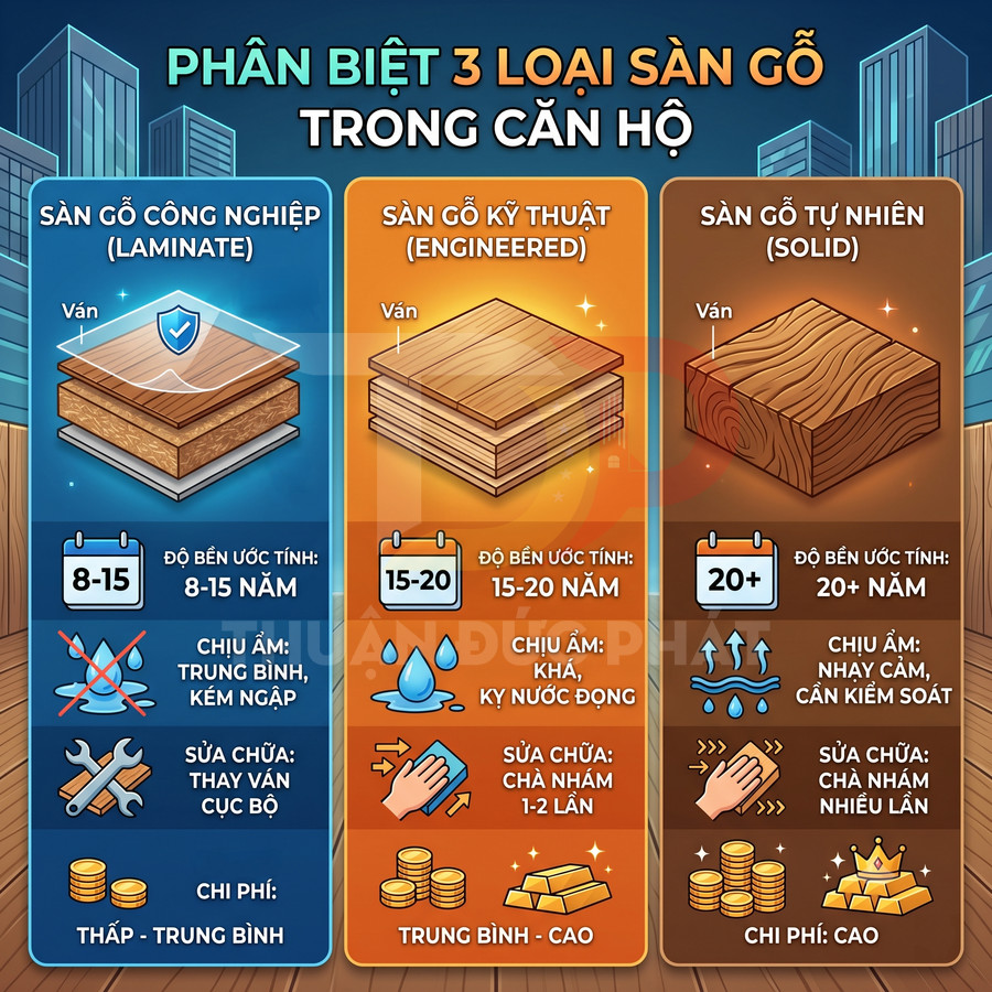 So sánh ưu nhược điểm sàn gỗ công nghiệp, sàn gỗ kỹ thuật và sàn gỗ tự nhiên cho căn hộ