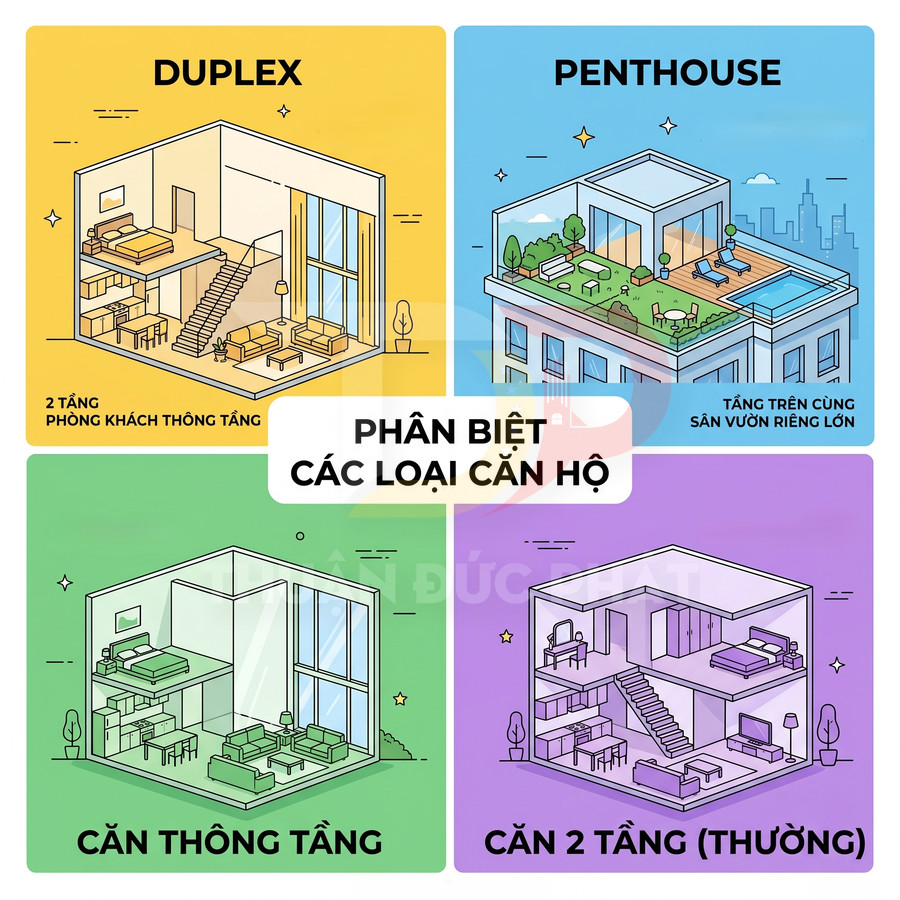 Minh họa so sánh các loại căn hộ duplex, penthouse, căn thông tầng và căn hộ 2 tầng thường