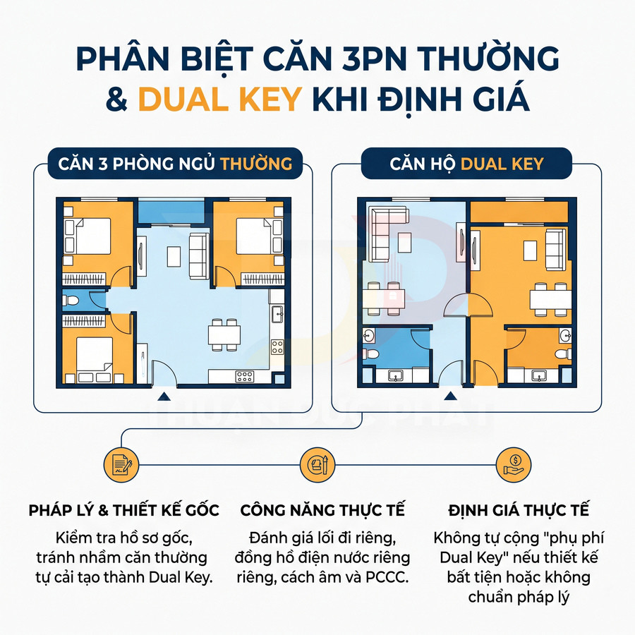 Mặt bằng căn hộ 3 phòng ngủ thường và căn hộ Dual Key so sánh về thiết kế, công năng và định giá thực tế