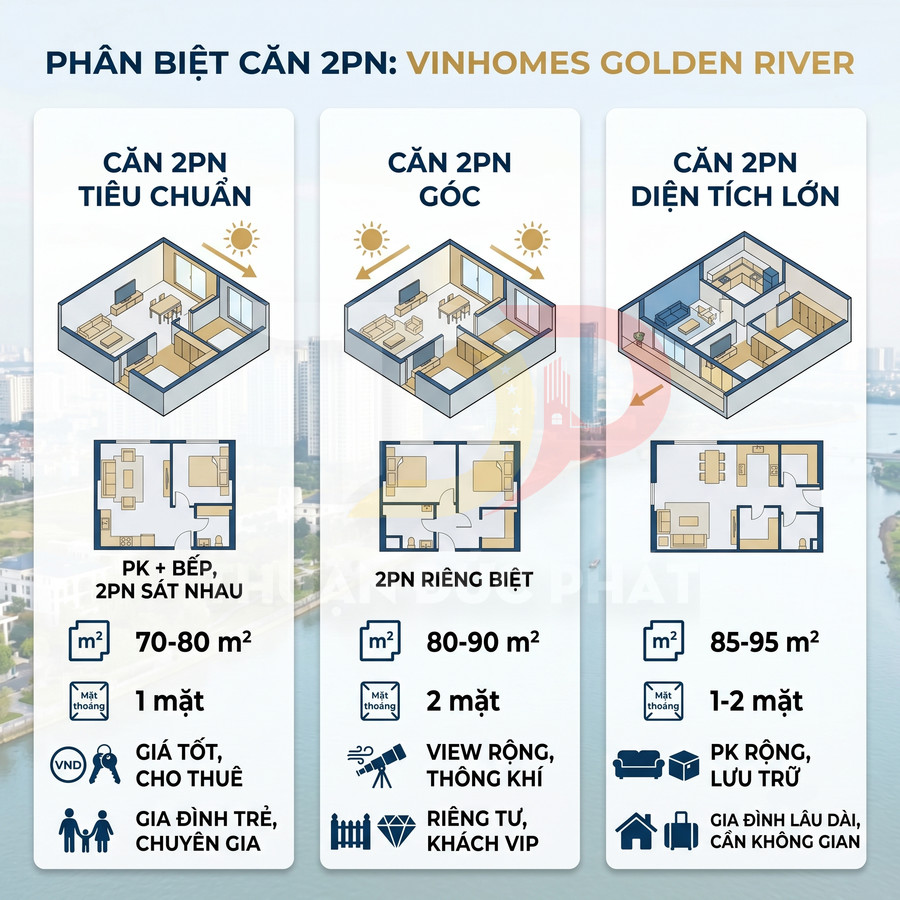 So sánh các loại căn hộ 2 phòng ngủ Vinhomes Golden River với diện tích và ưu điểm từng loại