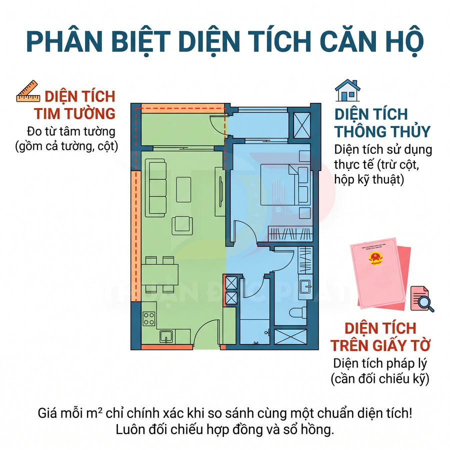 Mặt bằng căn hộ minh họa diện tích tim tường, diện tích thông thủy và diện tích ghi trên giấy tờ