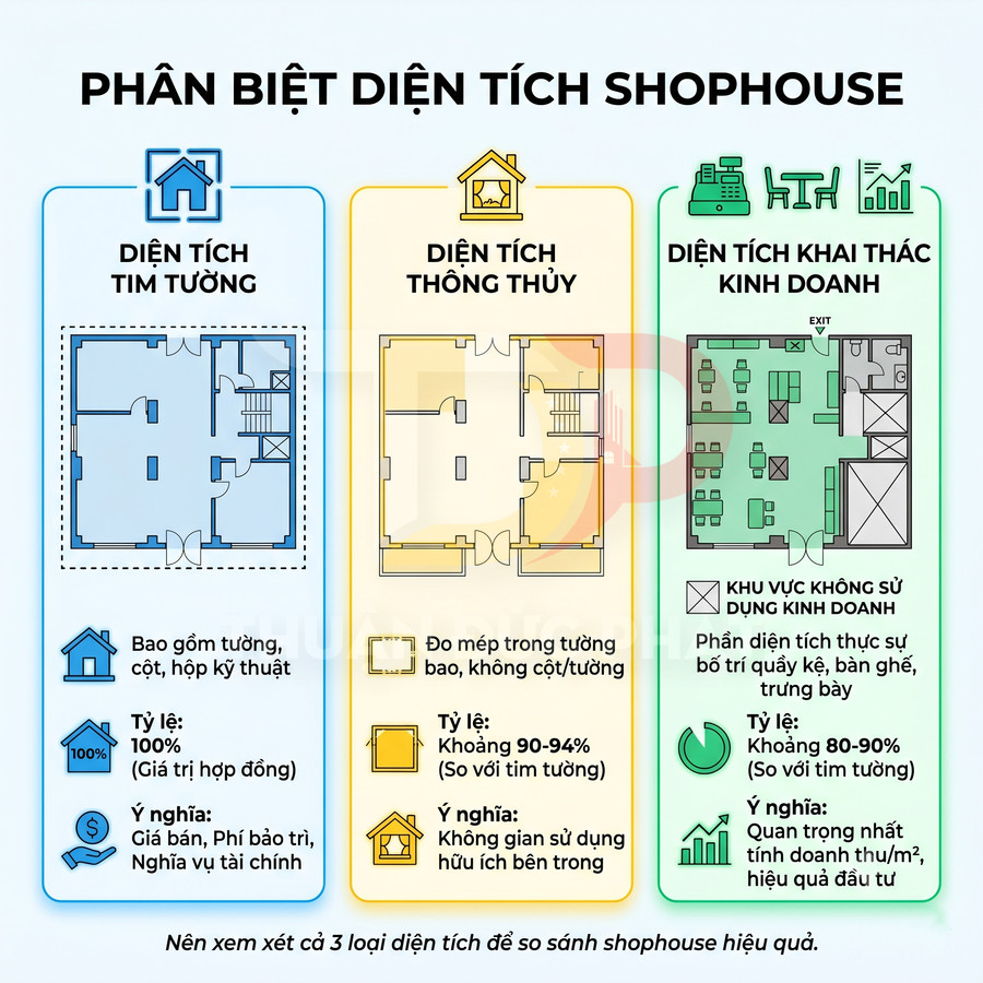 Infographic so sánh diện tích tim tường, diện tích thông thủy và diện tích khai thác kinh doanh shophouse