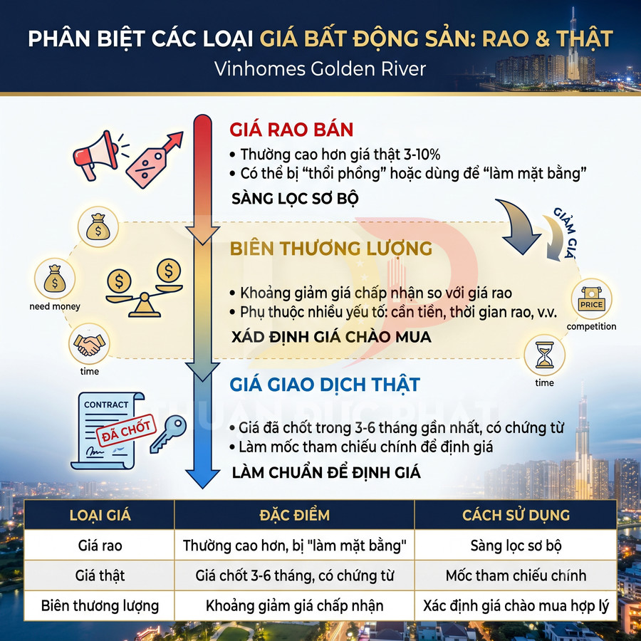 Infographic phân biệt giá rao bán, biên thương lượng và giá giao dịch thật bất động sản Vinhomes Golden River