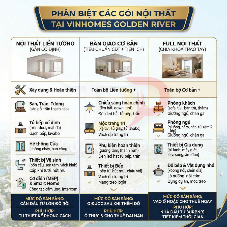 Bảng so sánh các gói nội thất Vinhomes Golden River: nội thất liền tường, bàn giao cơ bản và full nội thất