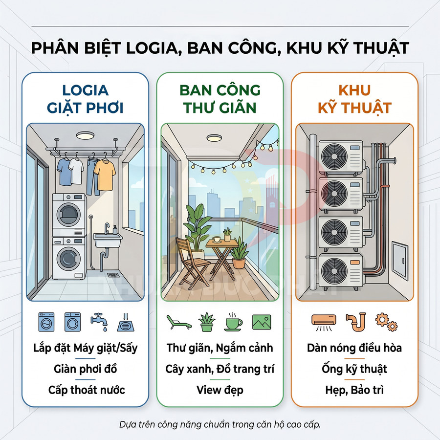 Minh họa logia giặt phơi, ban công thư giãn và khu kỹ thuật điều hòa trong căn hộ cao cấp