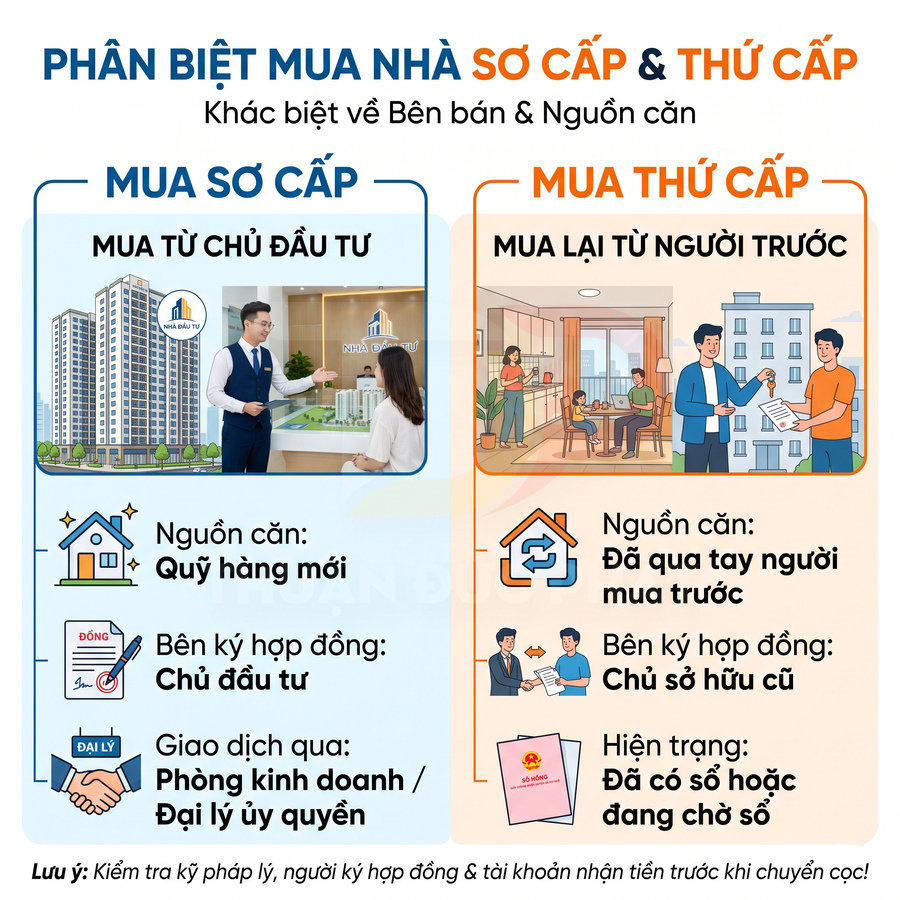 So sánh mua nhà sơ cấp từ chủ đầu tư và mua nhà thứ cấp từ chủ sở hữu cũ, gồm nguồn căn và bên ký hợp đồng