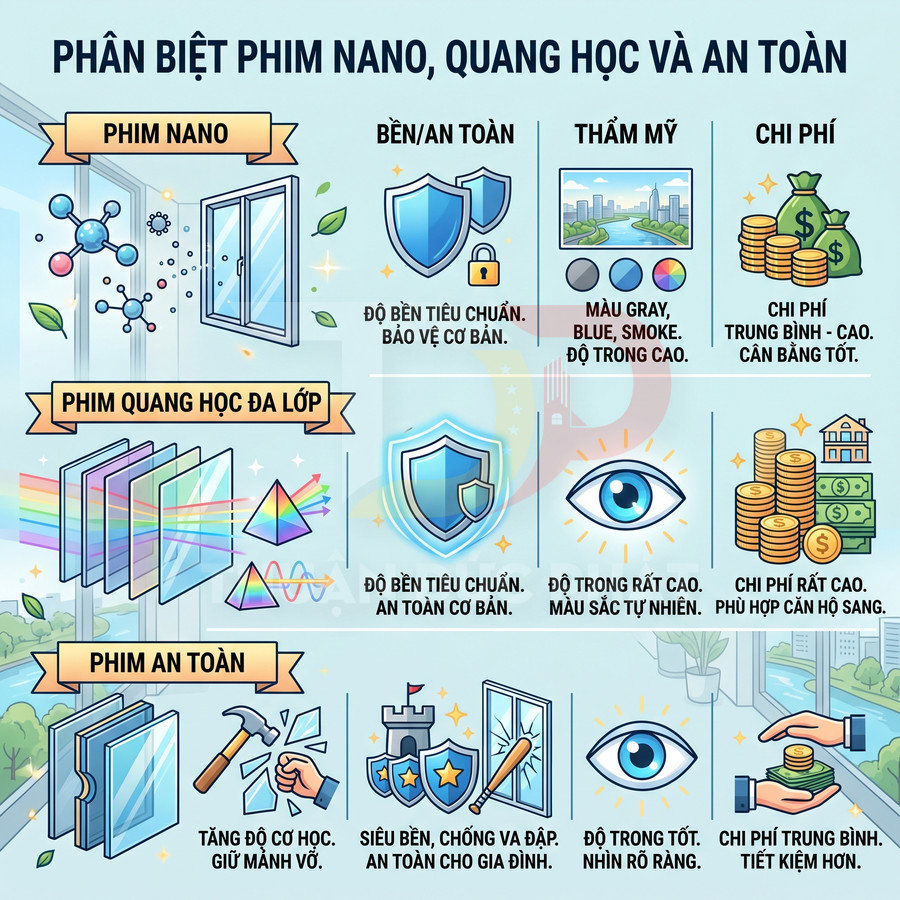 So sánh phim cách nhiệt nano, phim quang học đa lớp và phim an toàn cho kính cửa sổ