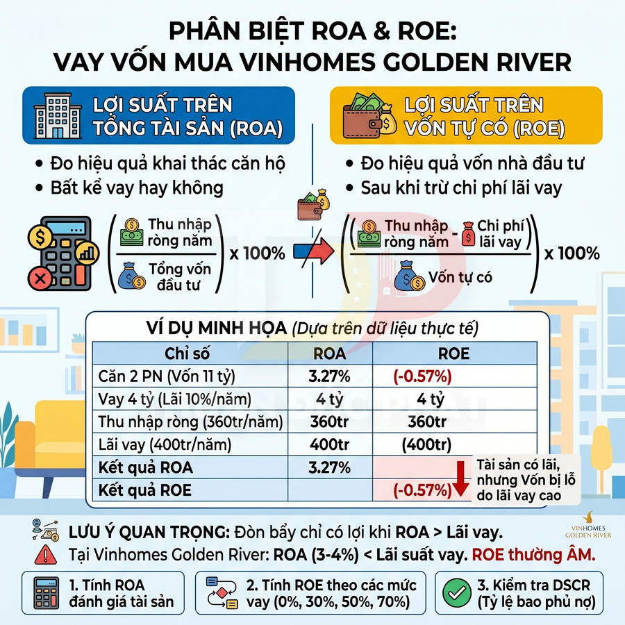 Infographic phân biệt ROA và ROE khi vay vốn mua căn hộ Vinhomes Golden River, kèm ví dụ tính toán lợi suất