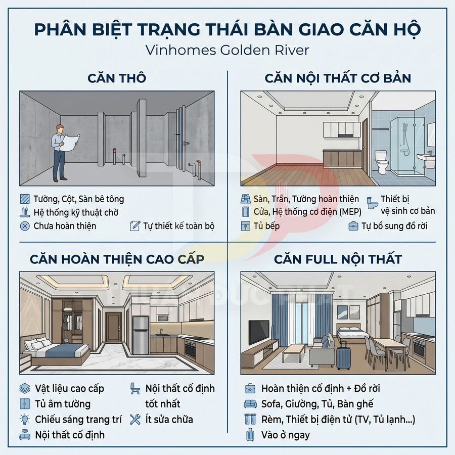 So sánh các trạng thái bàn giao căn hộ Vinhomes Golden River từ thô đến full nội thất
