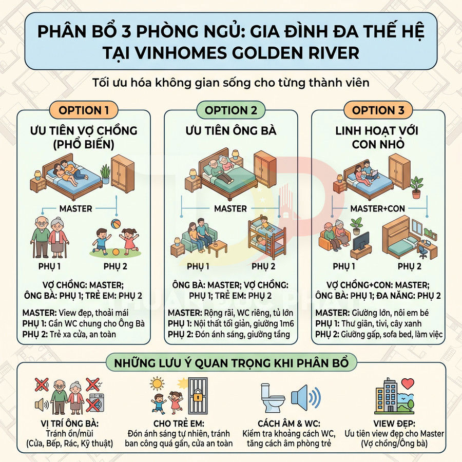 Sơ đồ phân bổ 3 phòng ngủ cho gia đình đa thế hệ tại Vinhomes Golden River với 3 phương án lựa chọn