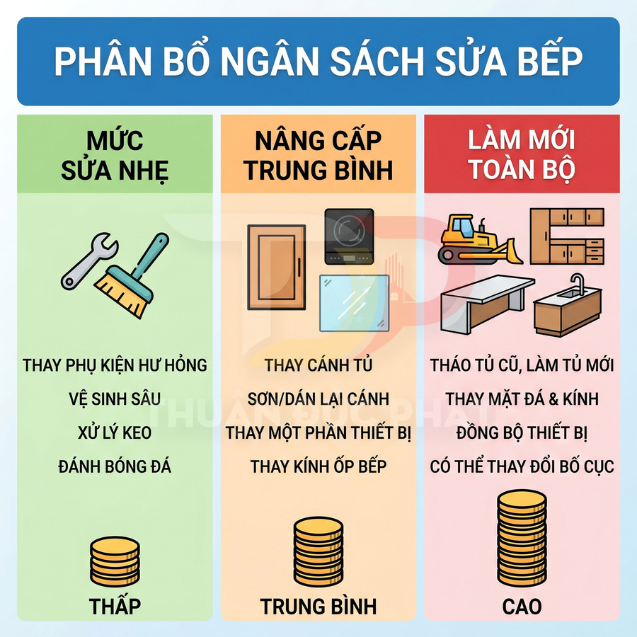 Infographic phân bổ ngân sách sửa bếp với ba mức sửa nhẹ, nâng cấp trung bình và làm mới toàn bộ