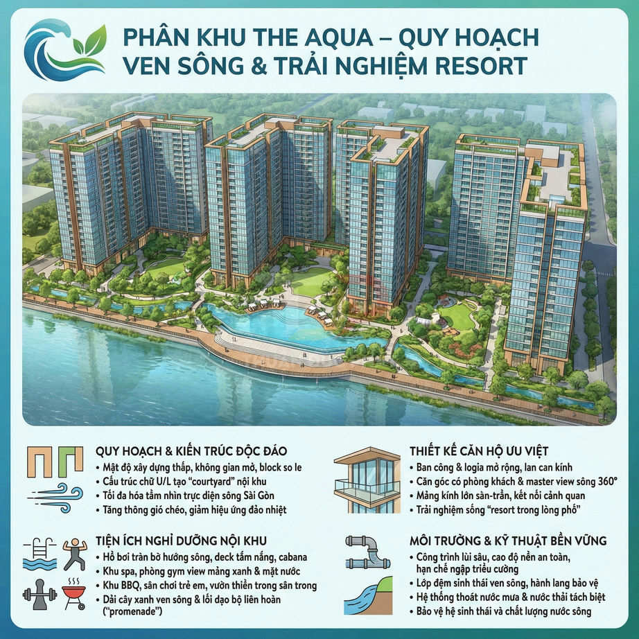 Phối cảnh khu căn hộ ven sông The Aqua với nhiều tòa nhà cao tầng, hồ bơi và không gian cây xanh resort